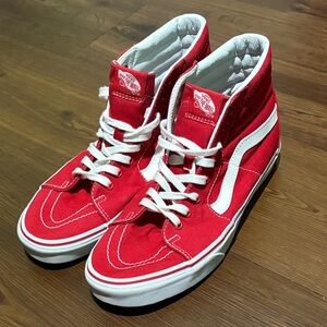 Vans Red and White Sk8-Hi Canvas High-Top Sneakers